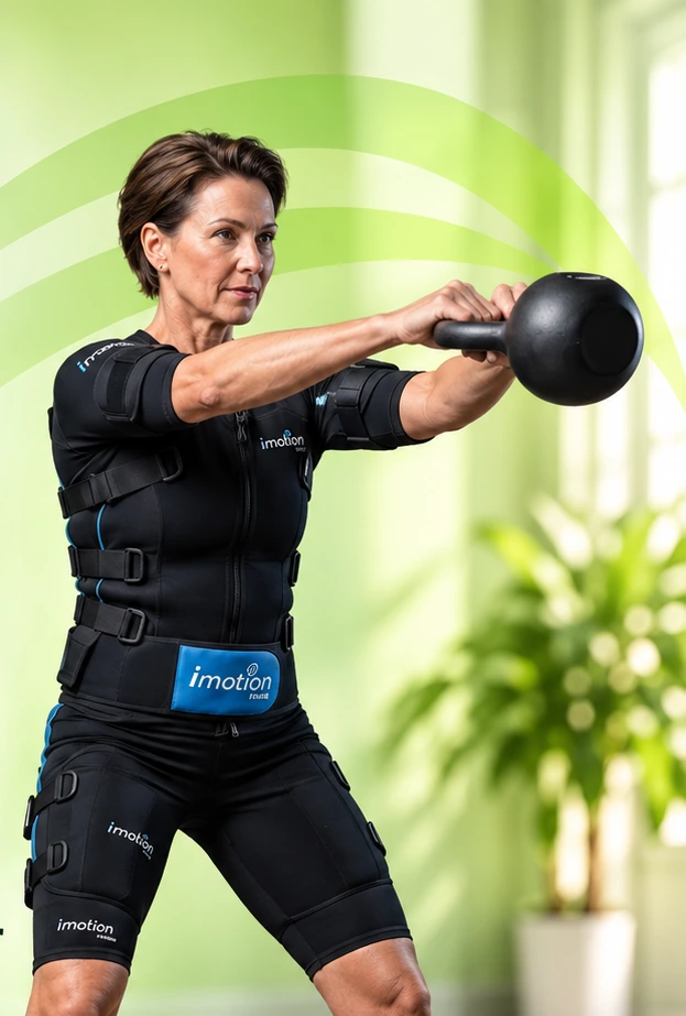 En person tränar med kettlebell i en i-motion EMS-dräkt